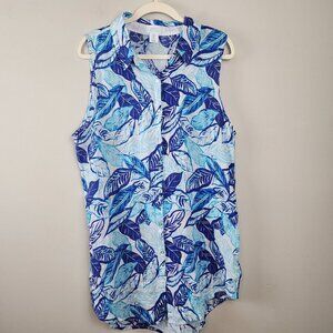 Sigrid Olsen sz L women sleeveless tunic blue linen summer travel resort wear